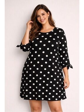 Gilli 1X Polka Dot Dress Black White Plus Size Tie Sleeve Shift Tunic Chic